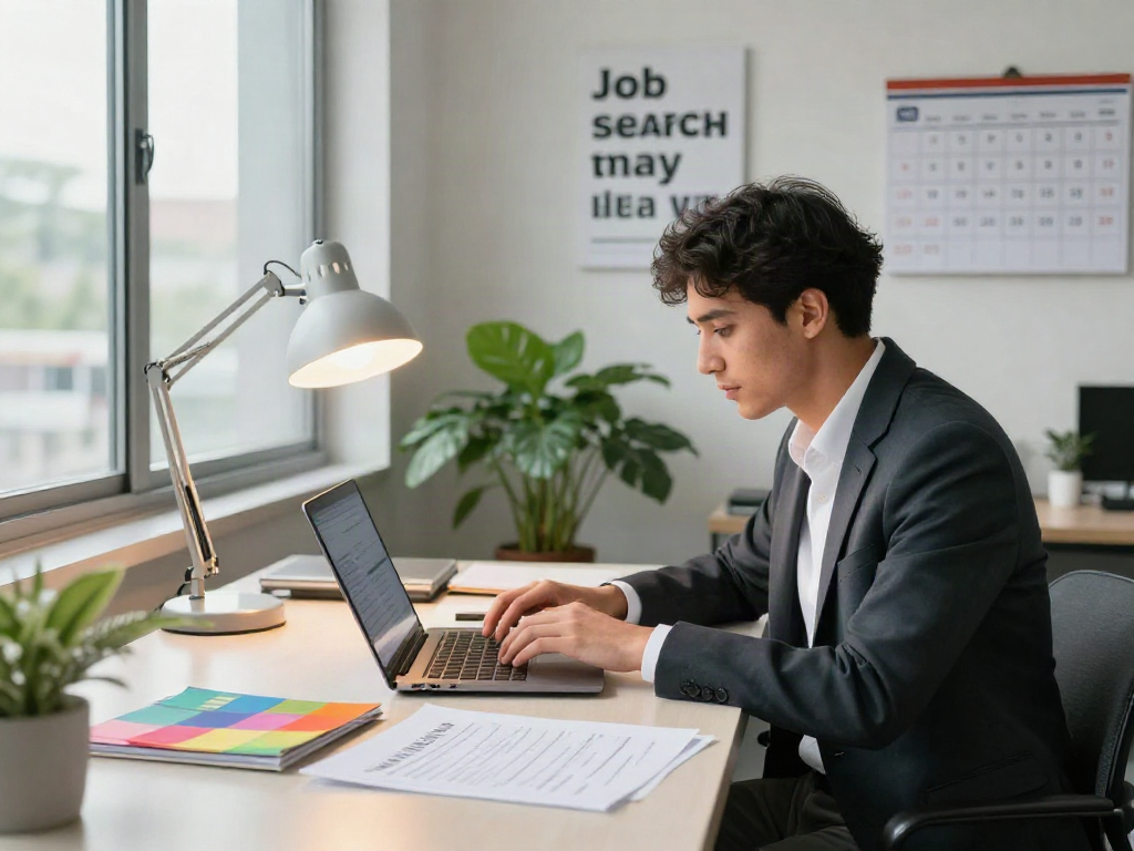 หางาน job search in a modern office with resumes and laptop