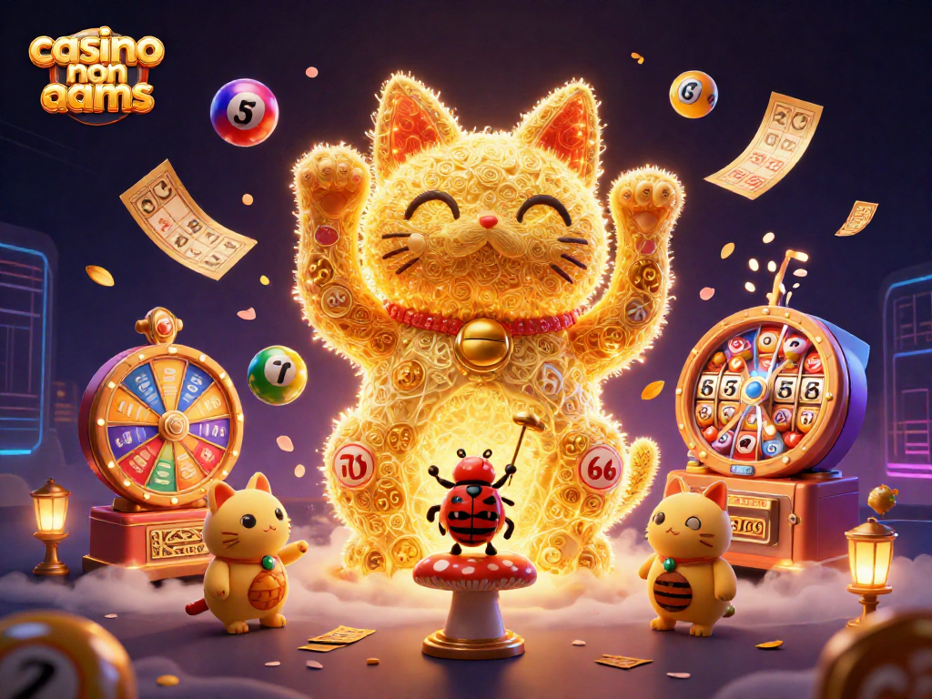 Visualizza l'illustrazione di casino non aams con simboli festivi e un gatto fortunato che incanta i giocatori