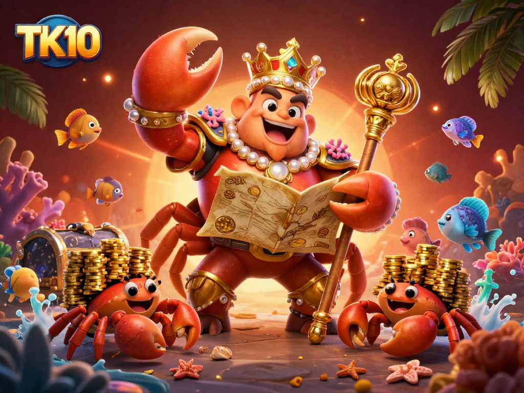 Engage in exciting TK10 fish shooting games with a golden crab emperor and treasure elements.