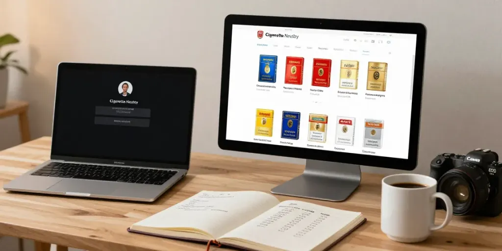 Seamless online shopping experience for budget cigarette and top smokes Australia on a cozy workspace, inviting and organized atmosphere.