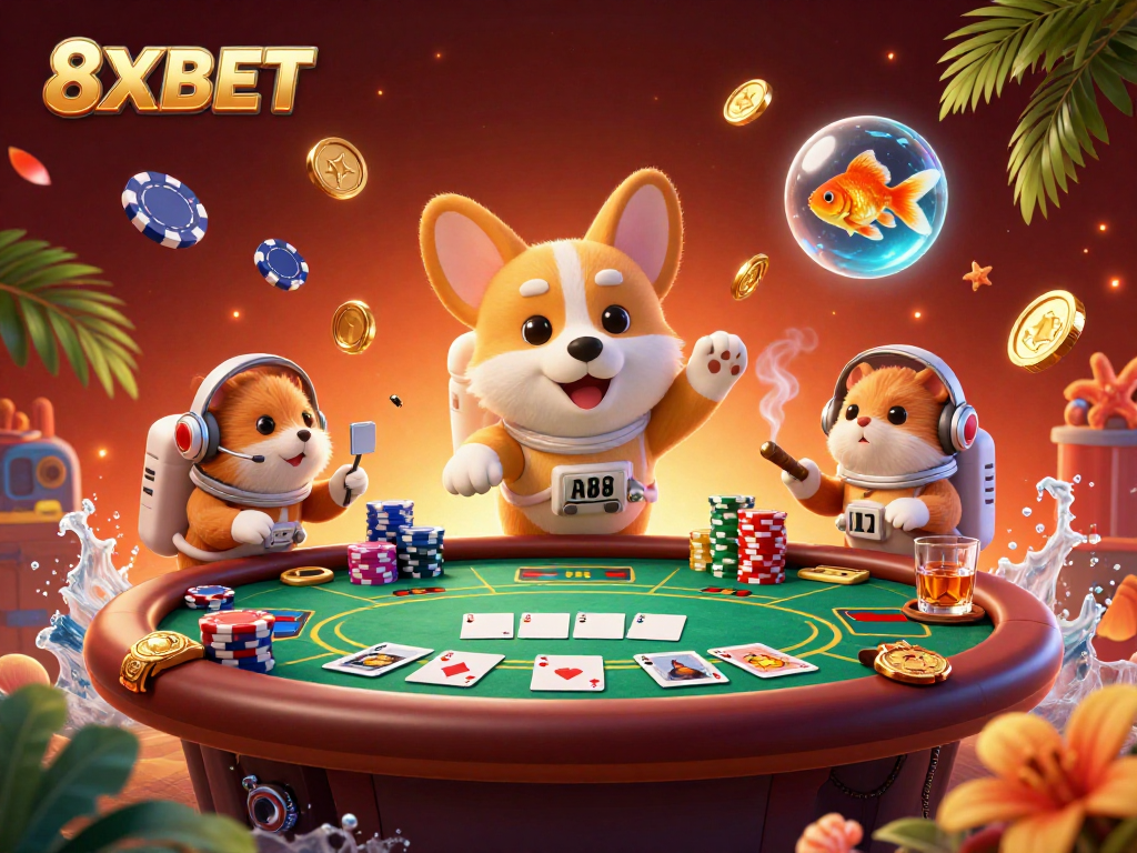Play exciting casino games at 8XBET while enjoying vibrant 3D illustrations of gaming action.