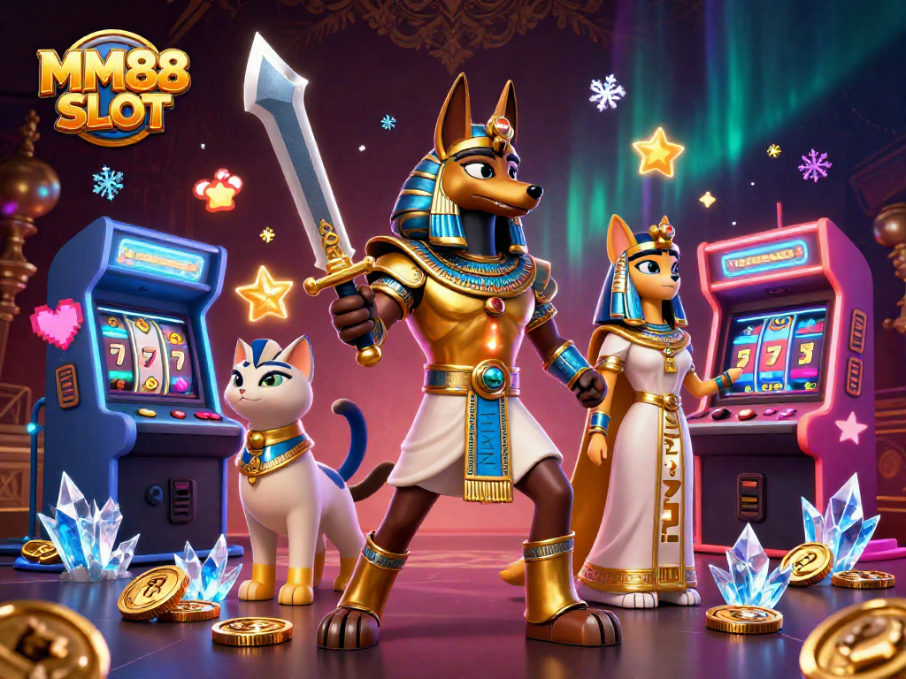 Experience MM88 SLOT with Anubis and Bastet amidst vibrant casino elements, showcasing lively gaming energy.