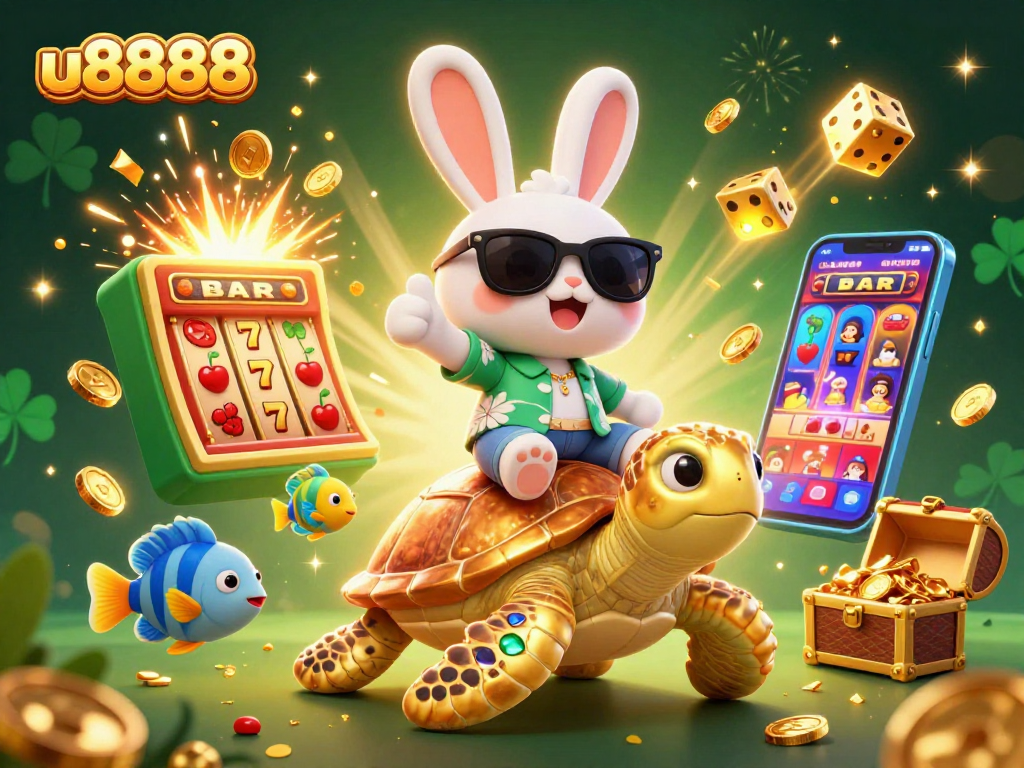 Win big at u8888 with the lucky rabbit and giant sea turtle in a vibrant casino celebration.