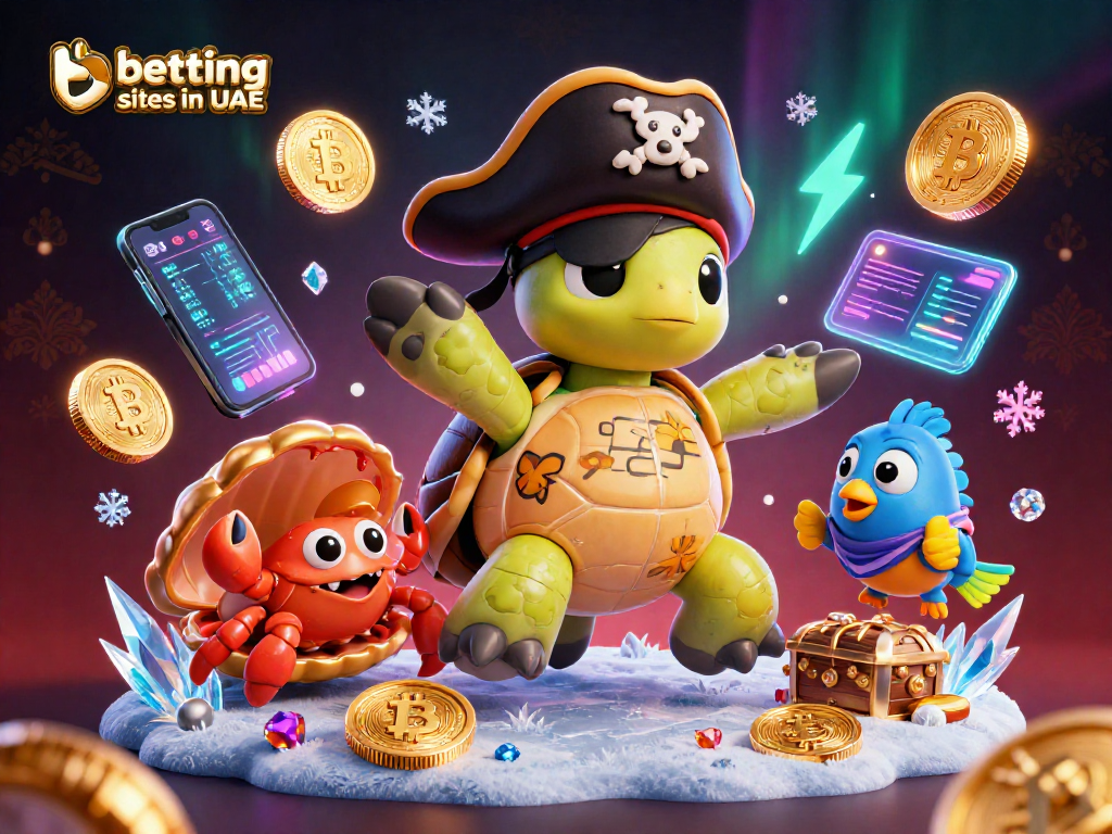 Explore the best betting sites in UAE with vibrant crypto-themed illustration featuring unique characters and casino elements.
