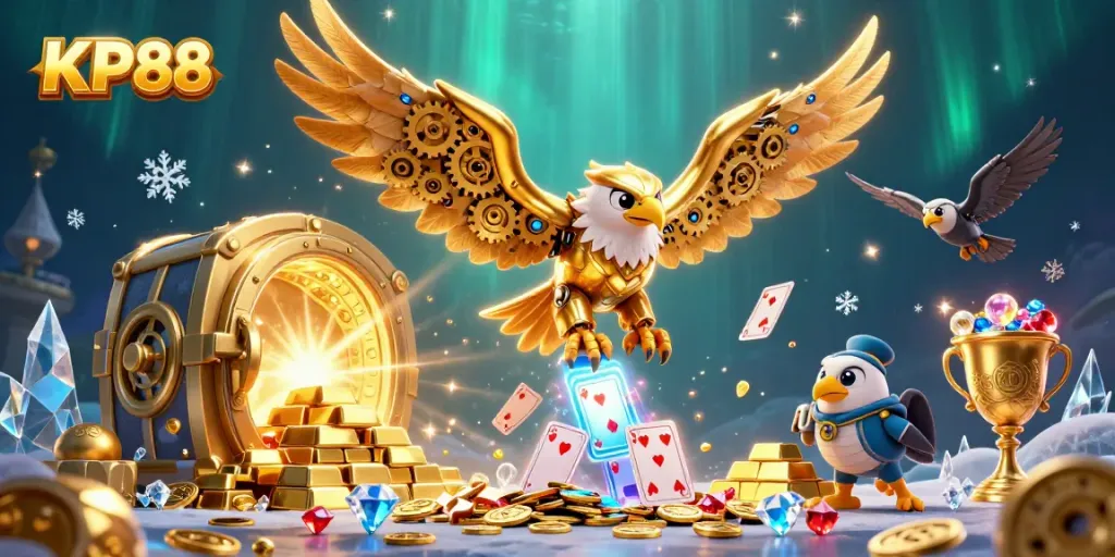 KP88 presents an adventurous golden eagle diving among treasure and cards in a vibrant online casino scene.