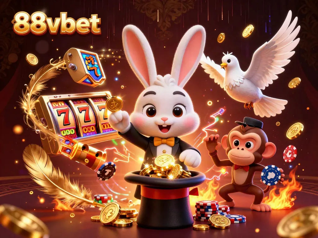 Experience the magic of 88vbet with a whimsical scene of a magician rabbit, dove, and monkey in a vibrant casino.