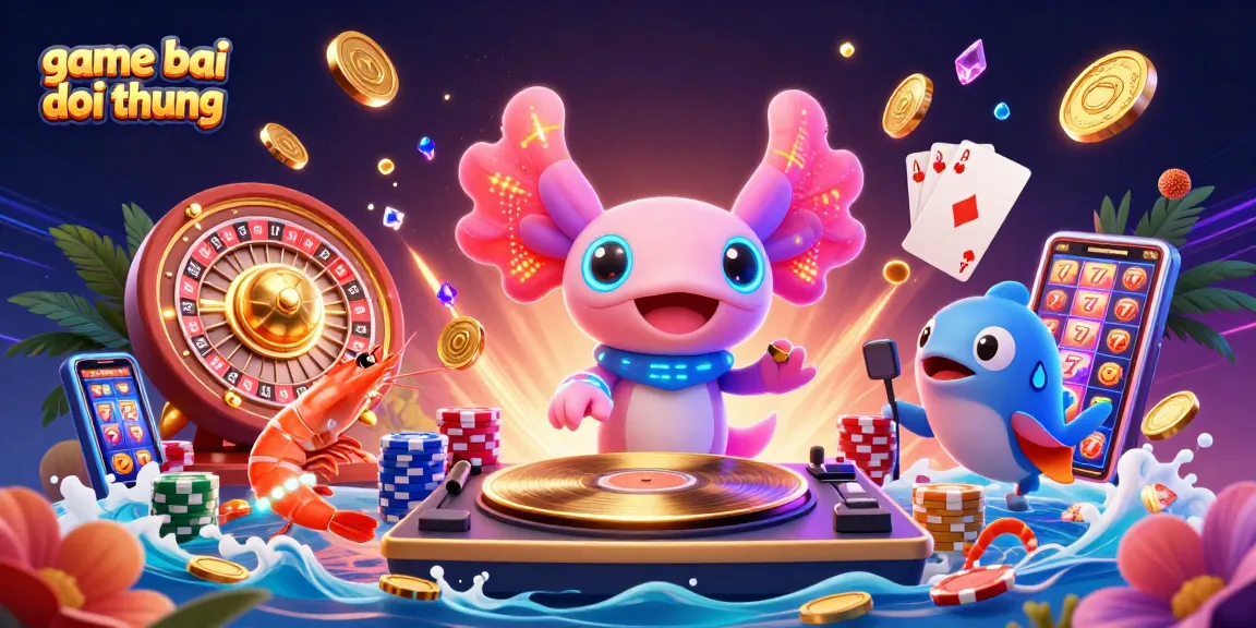 Engage in thrilling game bai doi thuong with a neon-colored axolotl DJ and lively casino atmosphere.