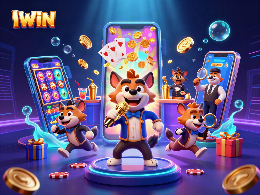 IWIN hyena casino club scene with a stand-up comedian, bartender, and bouncer amidst colorful casino games.