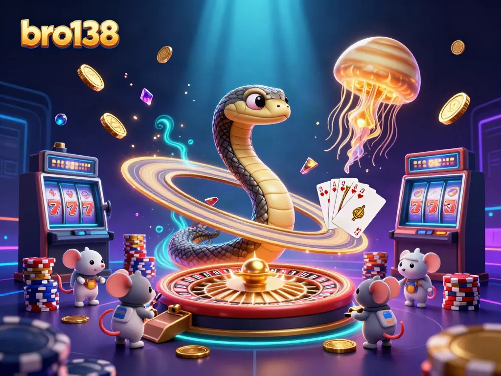Engage in thrilling gameplay with bro138 as a cosmic dealer welcomes players amidst a colorful 3D casino scene.