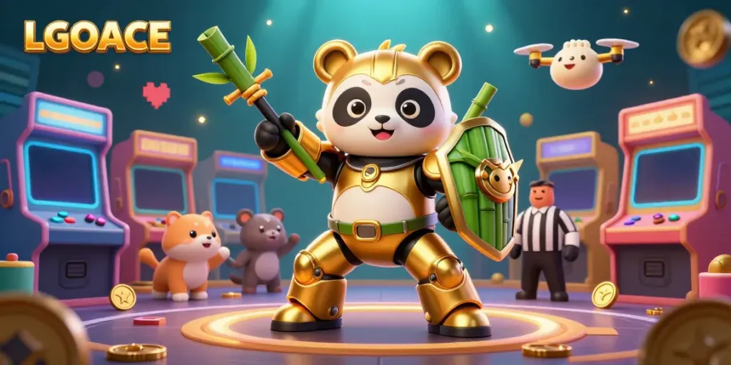 LGOACE showcases an exciting 3D gambling scene with a mech-suit panda, arcade elements, and vibrant colors.