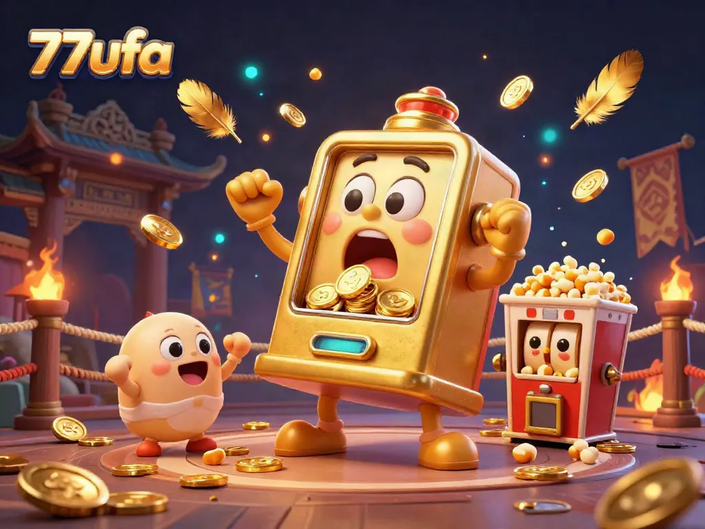 View the vibrant 3D illustration of 77ufa showcasing a golden slot machine hitting a jackpot with coins spilling out.