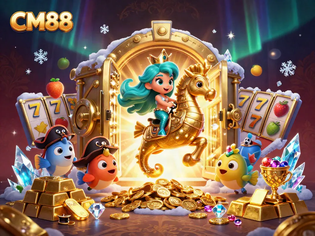 Spin and win with CM88 in this vibrant 3D casino illustration featuring magical elements.