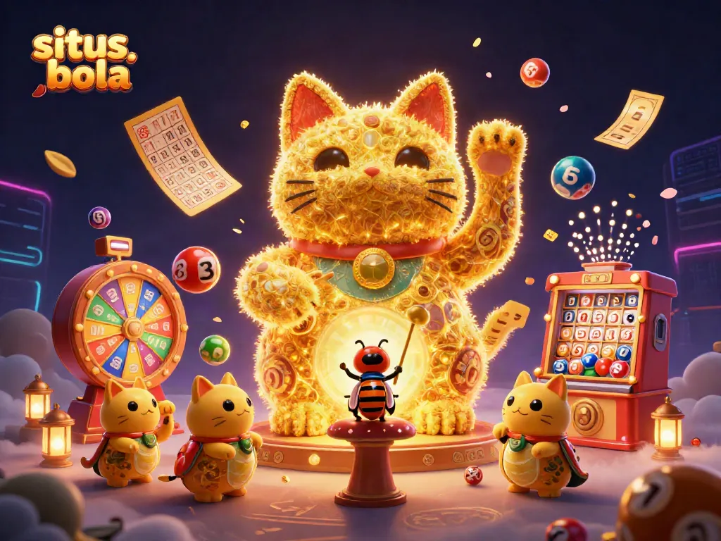 Engage with situs judi bola in this vibrant casino-themed illustration showcasing a lucky cat made of golden fireflies.