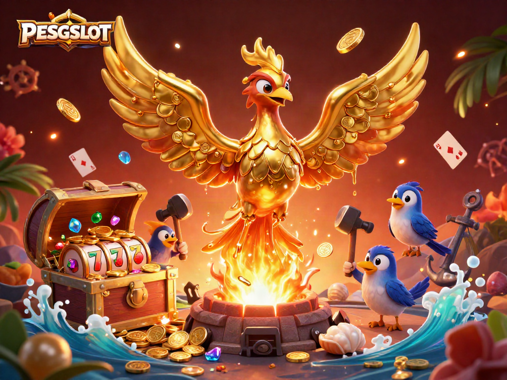 PESGSLOT showcases a vibrant 3D scene with a golden phoenix and slot reels filled with winnings.