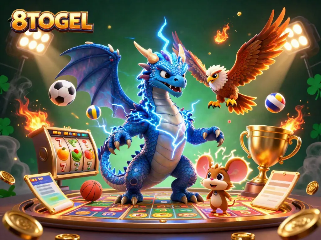 8TOGEL menghadirkan ilustrasi kasino 3D yang dinamis dengan naga guruh dan elemen permainan keberuntungan.