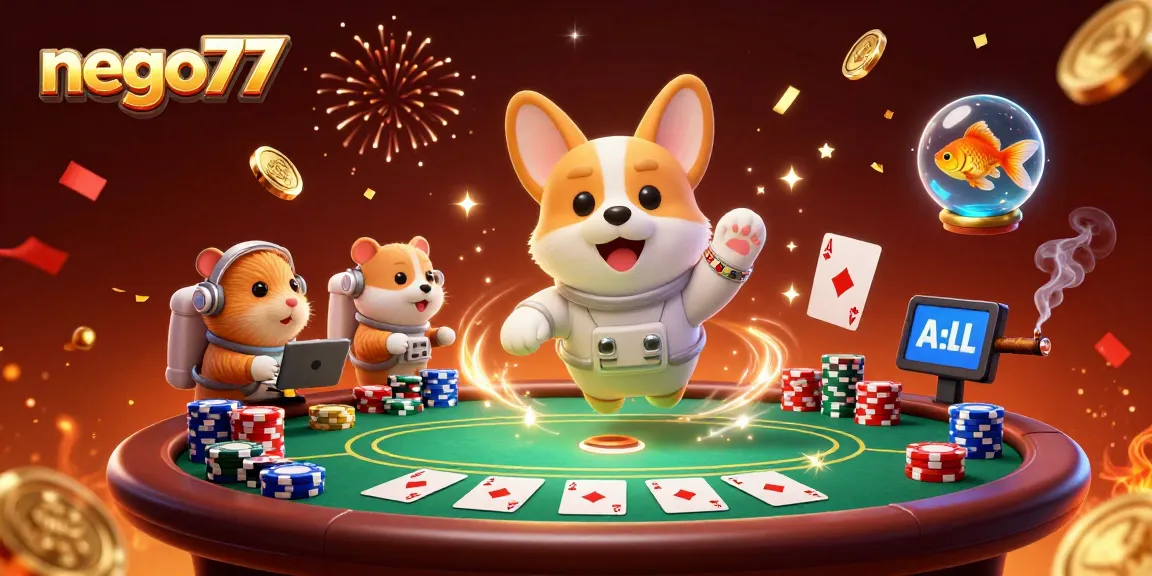 Engage with nego77's exciting casino-themed illustration featuring a corgi, a hamster, and a goldfish amidst poker action.