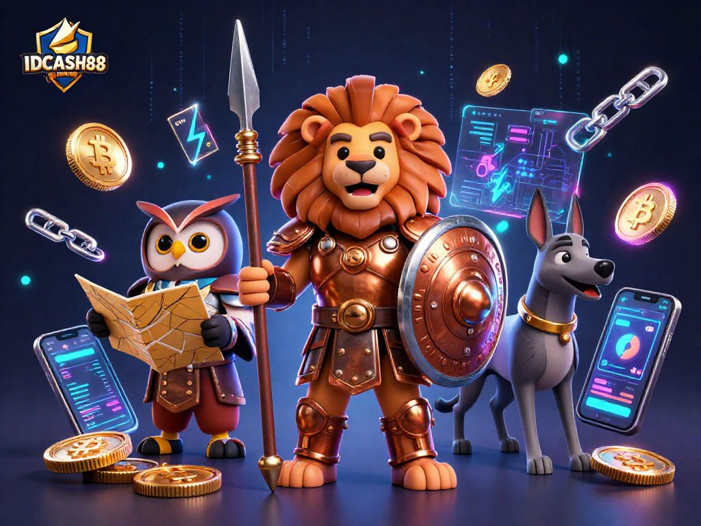 Engage with IDCASH88’s vibrant gaming atmosphere, showcasing a Spartan lion with crypto elements.