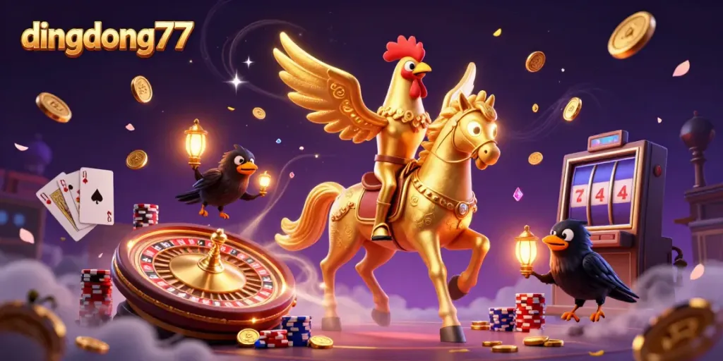 Experience thrilling gaming at dingdong77 with an exhilarating casino scene featuring a golden rooster and crow companions.