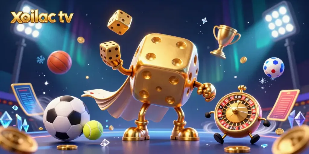 Xoilac TV showcases thrilling sports betting action with dynamic characters and vibrant elements.