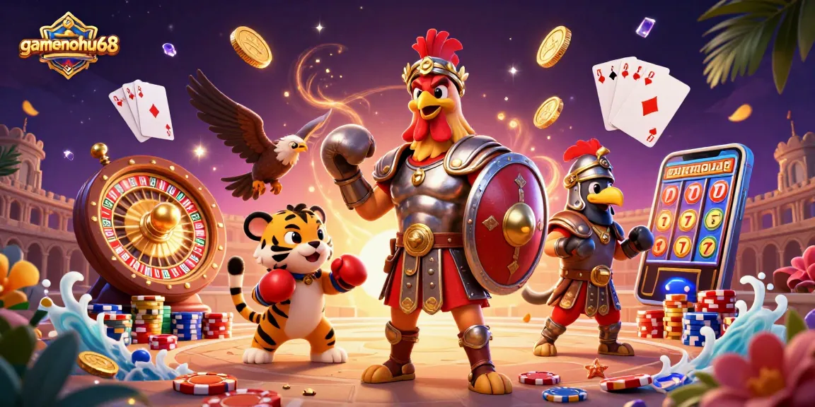 Experience thrilling gaming action at gamenohu68 with a vibrant casino scene featuring a gladiator rooster!