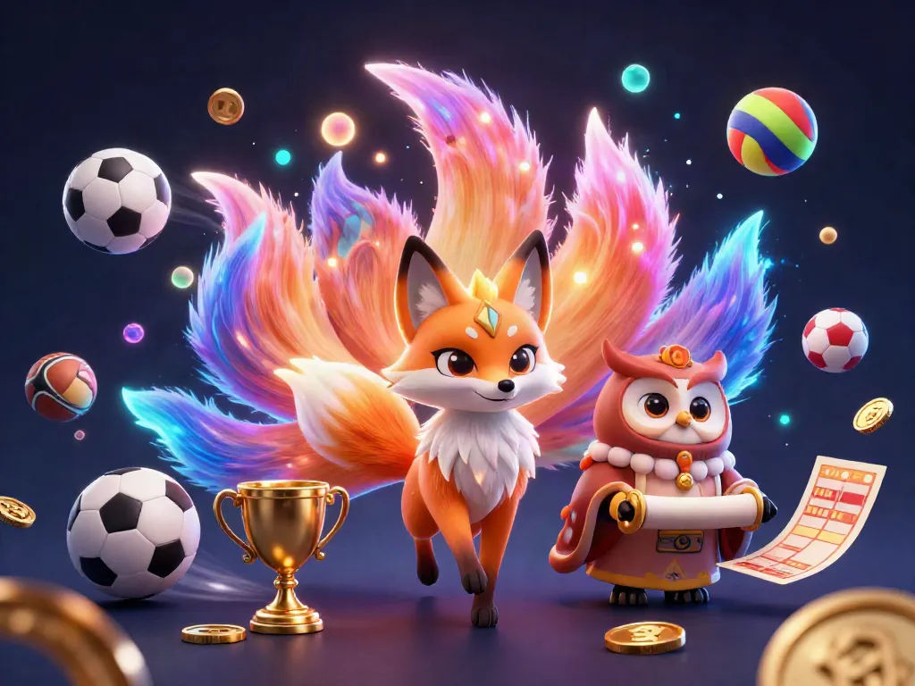 Experience thrilling gaming at 8xbet00 with a vibrant 3D illustration of a nine-tailed fox and wise owl.