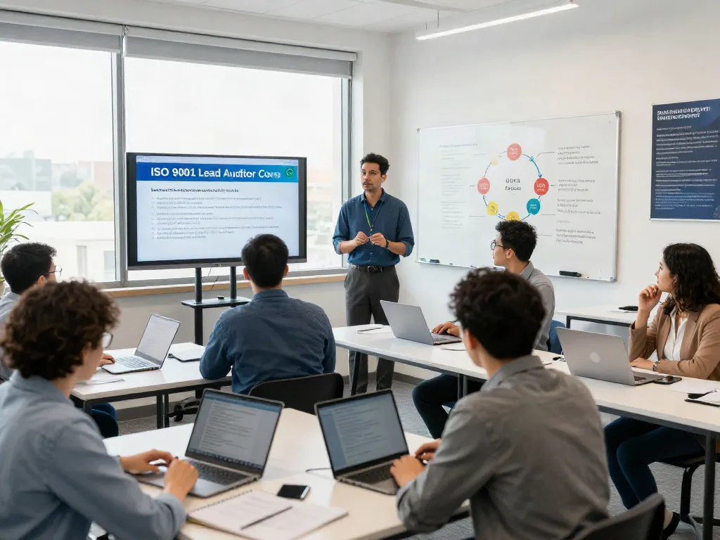 ISO 9001 Lead Auditor Course participants engaged in training session with instructor and course materials in a modern classroom setting