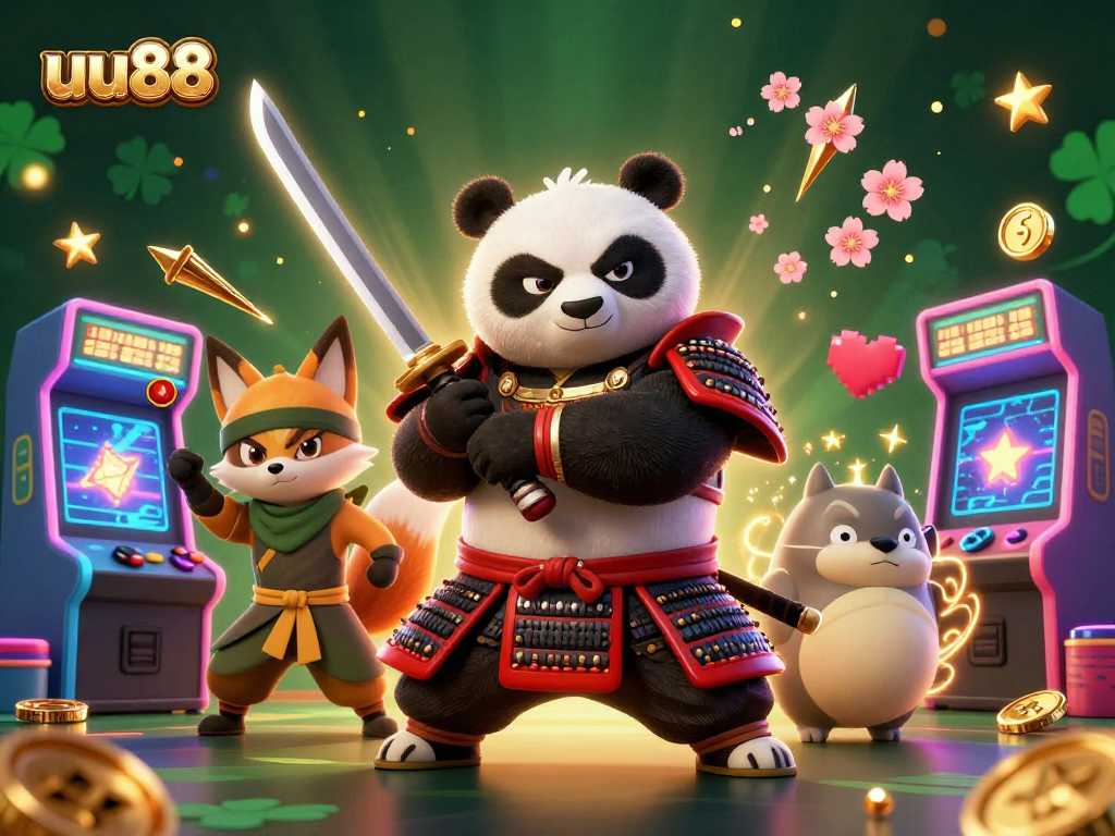 Engage with uu88's vibrant world, where a samurai panda and ninja fox embody the spirit of online gaming.
