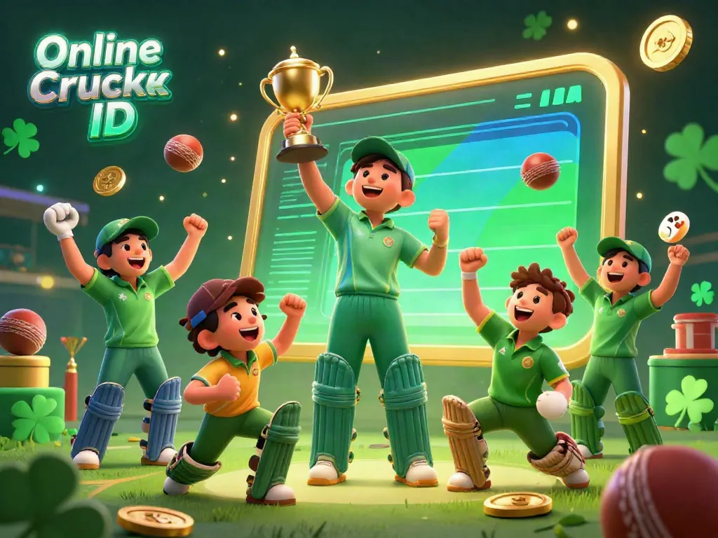 Enjoy the thrilling atmosphere of an Online Cricket ID celebration scene with players, cricket balls, and vibrant betting elements.