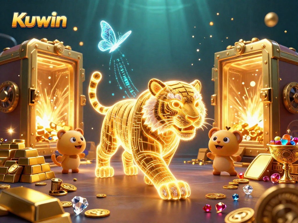 Kuwin's thrilling digital casino scene featuring a neon golden tiger and treasure vault filled with riches.