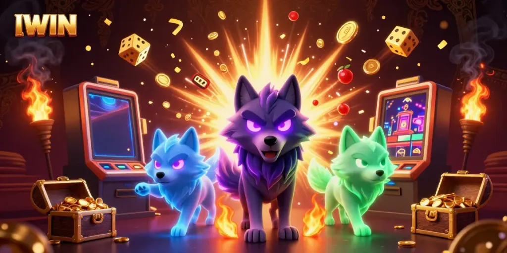 IWIN captivates with a thrilling jackpot scene featuring spectral wolves and vibrant casino symbols.