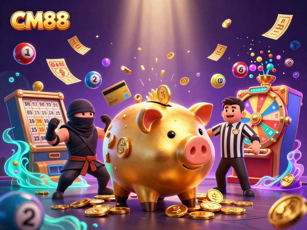 Engage with the CM88 gaming action led by a golden piggy bank sumo wrestler amidst a dazzling casino environment.