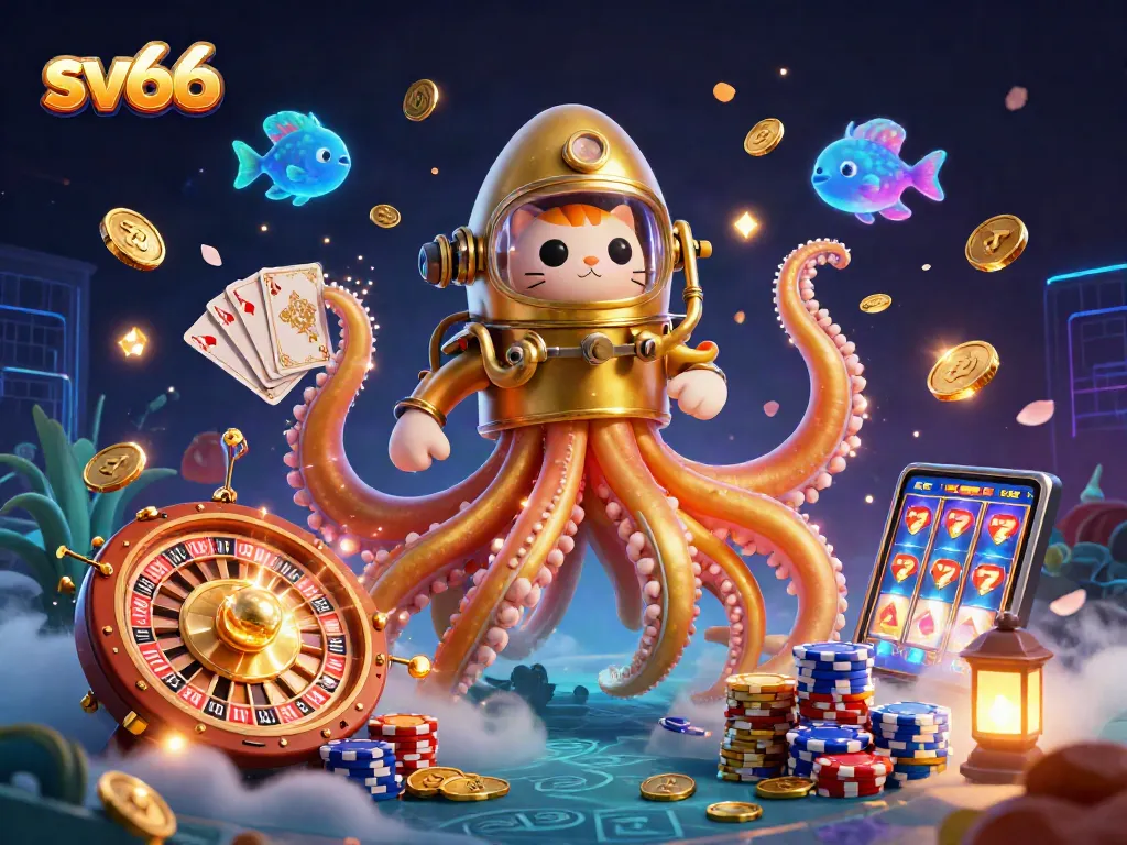 Experience thrilling gaming with sv66, featuring a colossal kraken, diving cat, and vibrant casino elements.