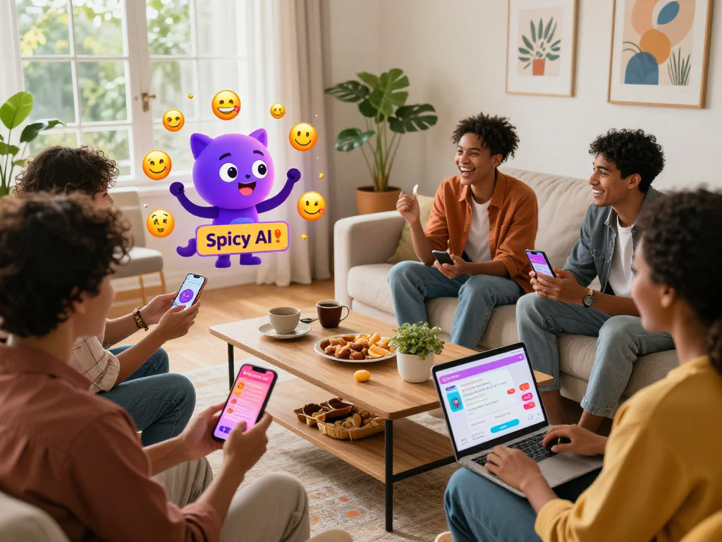 Friends using Spicy AI for lively conversations in a cozy setting.