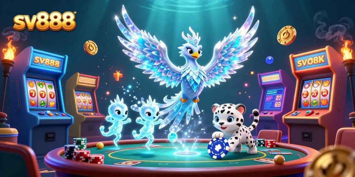Engage with sv888's vibrant scene of gaming and luck with an ice phoenix and playful casino elements.