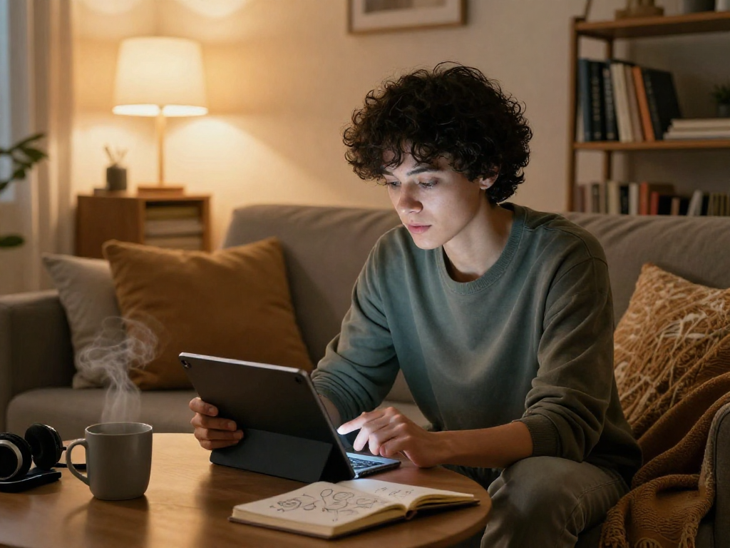 Engaged user interacting with AI porn chat in a cozy digital setting.