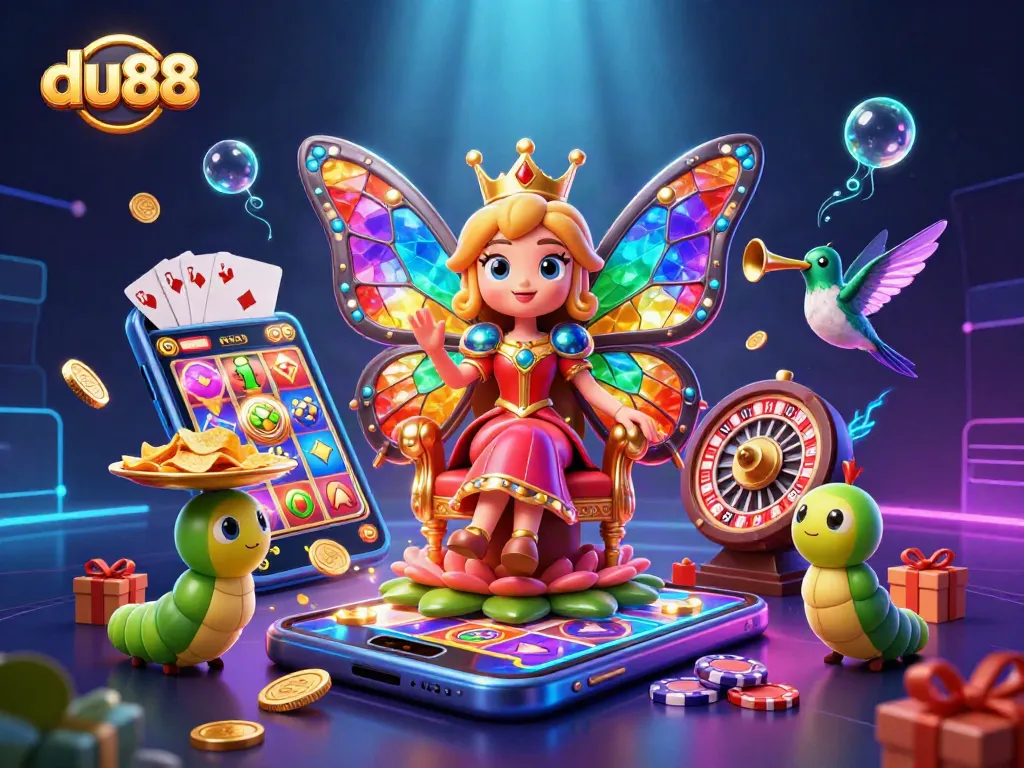 Engage with du88’s vibrant slot games, featuring a colorful butterfly queen and dynamic casino elements.