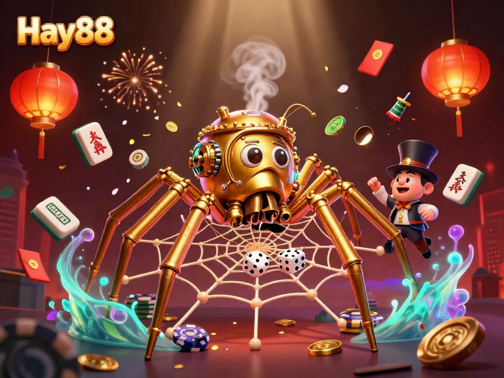 Catch unlucky dice in the Hay88 steampunk spider web with vibrant casino elements.