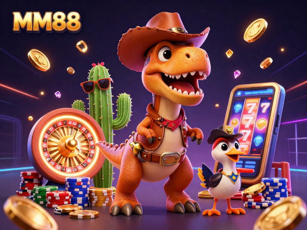 Experience excitement at MM88 with a dynamic casino scene showcasing vibrant characters and gambling elements.