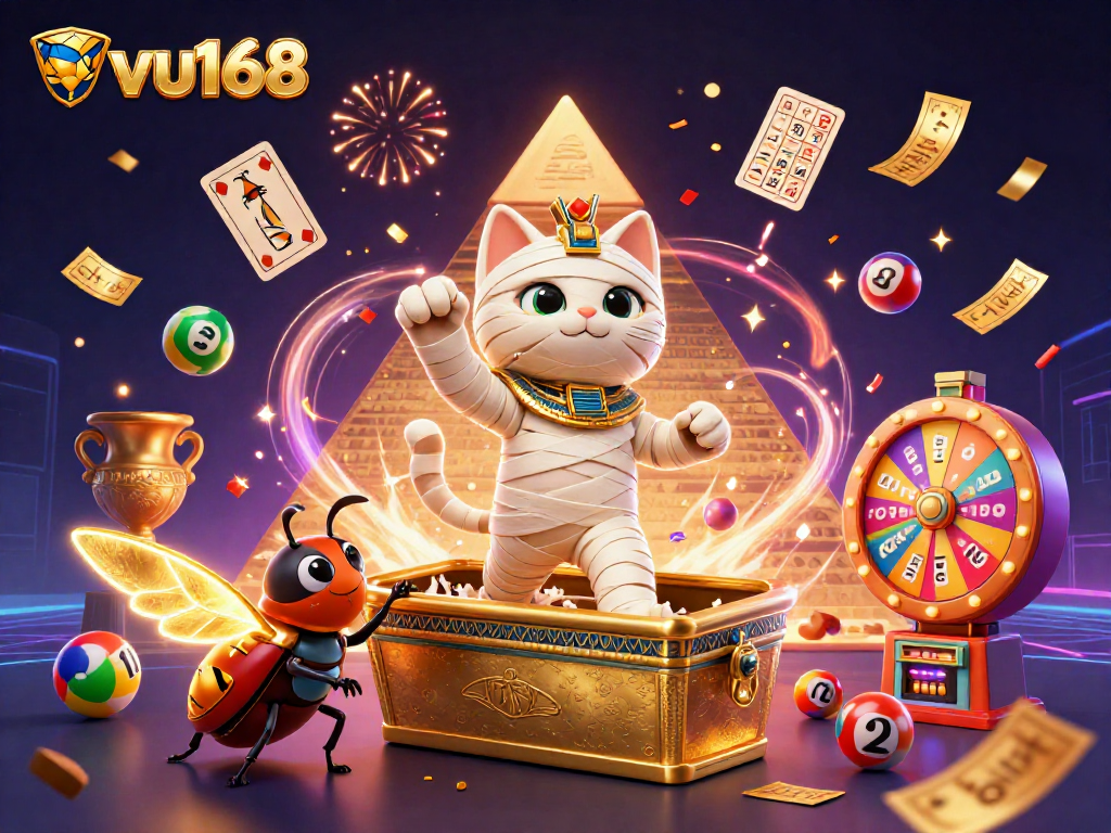 Experience thrilling gameplay at vu168 with a 3D cartoon Egyptian mummy cat and vibrant casino elements.