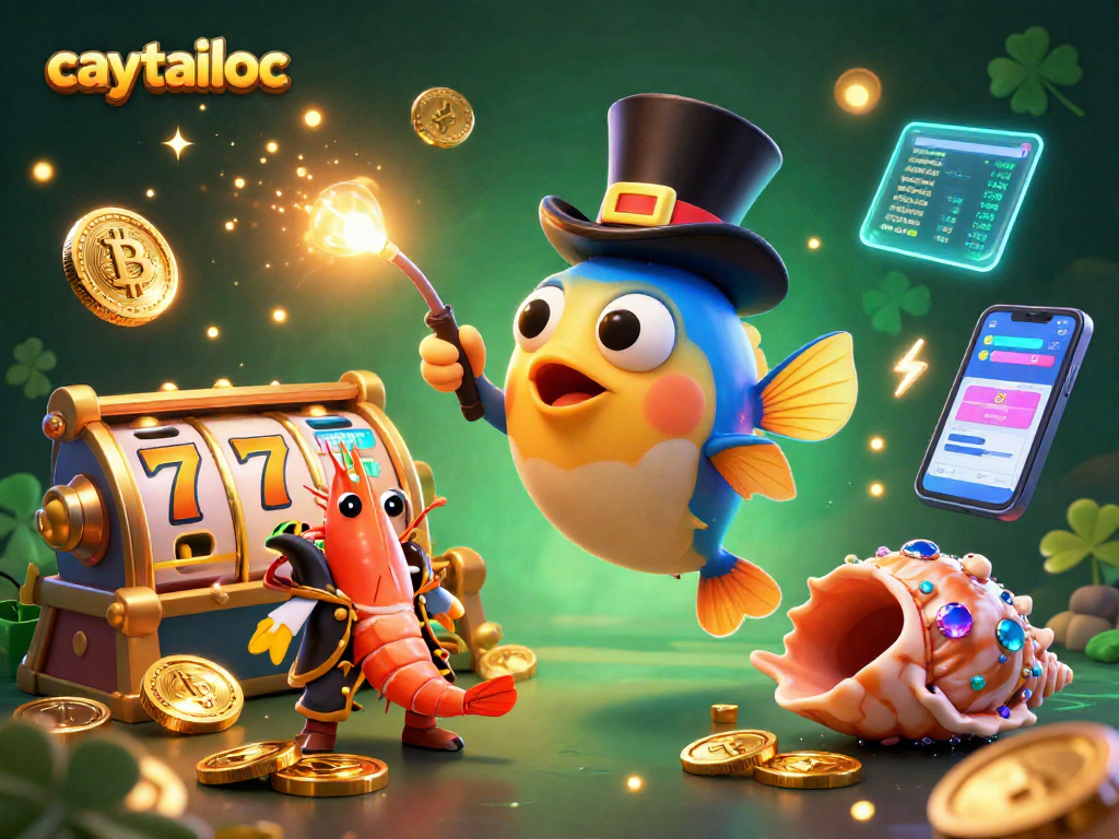 Engage the jackpot with caytailoc's lively anglerfish and treasure characters in 3D slot scene.