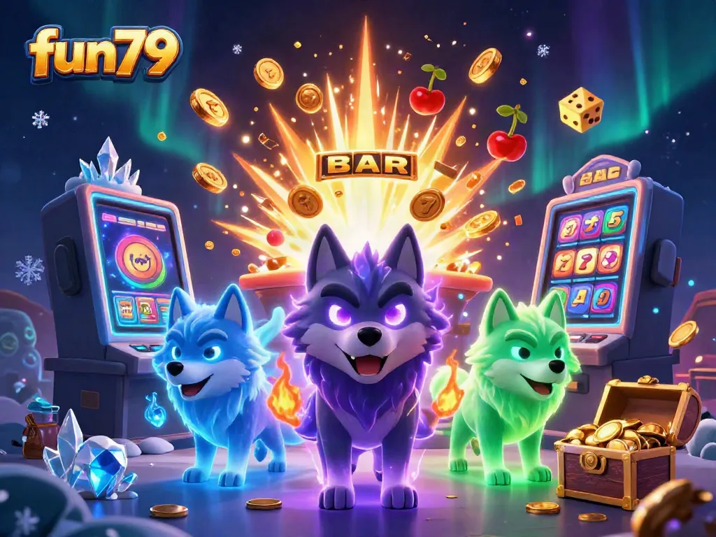 Experience the excitement of fun79 with a 3D scene featuring a wolf pack leader and slot games.