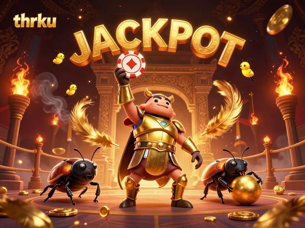 thrku casino beetle lifting a poker chip in a vibrant gaming scene with glowing firefly jackpot