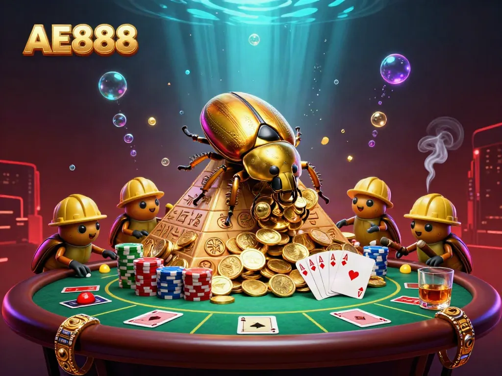 Experience thrilling casino action with AE888 in a vibrant 3D illustration featuring a golden dung beetle.