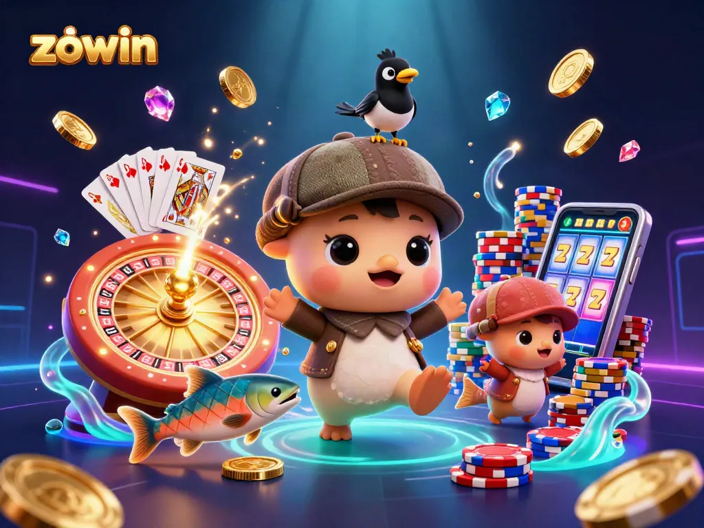 Zowin captivating scene showcasing playful characters amidst dynamic casino elements, enhancing gaming excitement.