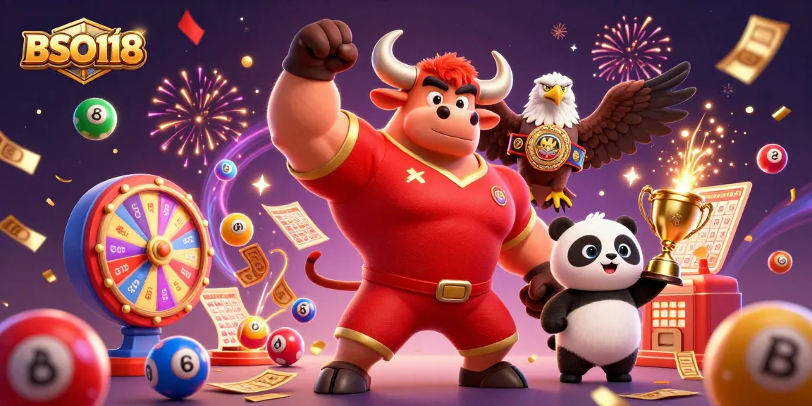 Win big with BSO118 as a charismatic bull mascot and cheerful friends celebrate in a vibrant casino scene.