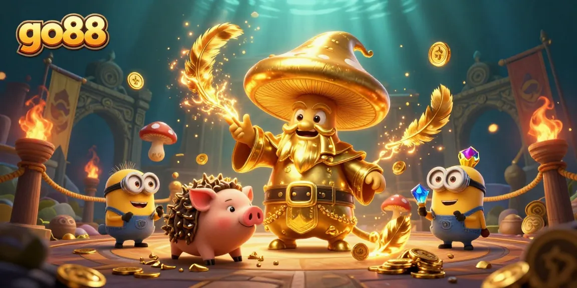 Experience immersive fun with go88's golden treasures and magical characters in this vibrant casino scene.