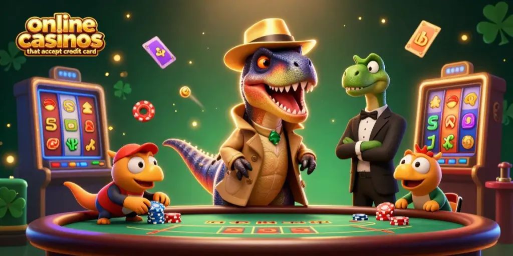 Engage in dynamic gameplay at online casinos that accept credit card, featuring an entertaining scene with cartoon dinosaurs at a blackjack table.
