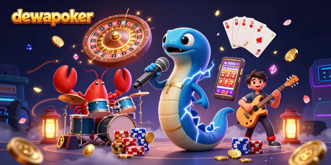 Dewapoker showcases vibrant underwater gaming fun with electric eel DJ and colorful casino elements.
