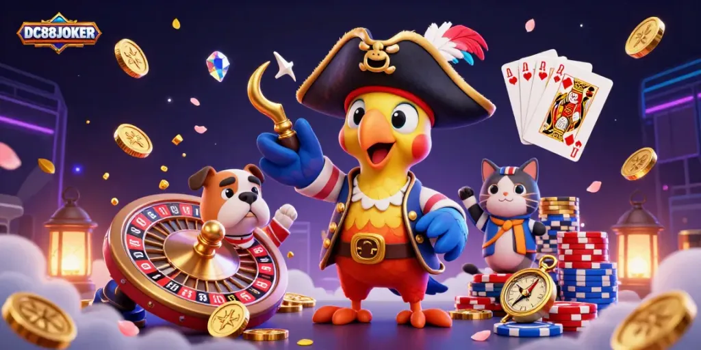 Experience the vibrant energy of DC88JOKER with thrilling casino elements and animated characters.