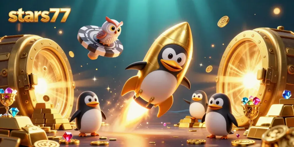 stars77 menghadirkan penguin emas bercorak roket di luar angkasa dengan harta emas berkilauan.